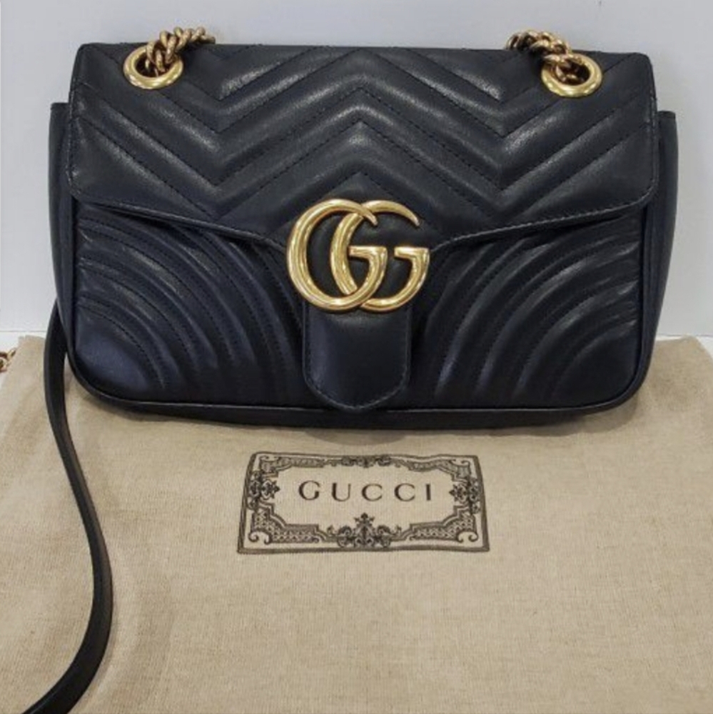 Authentic Gucci GG Marmont Matelasse Black Leather Flap Small Shoulder Handbag